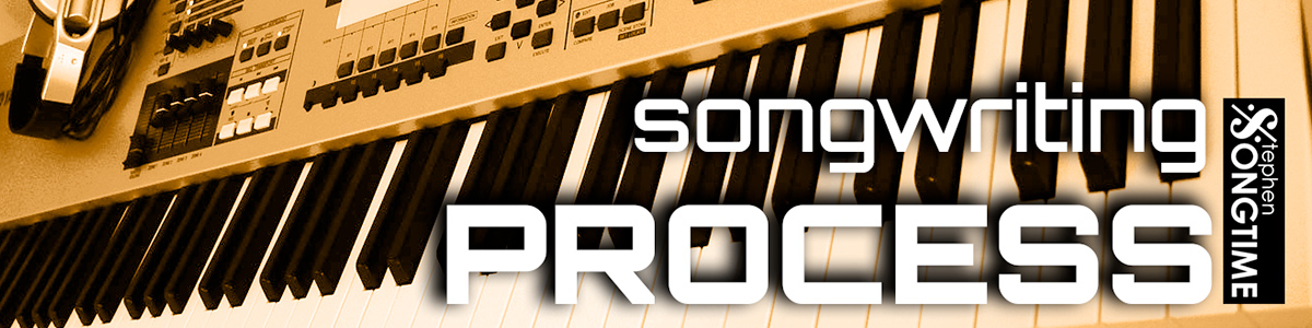 synthesizer/workstation with the title songwriting process superimposed